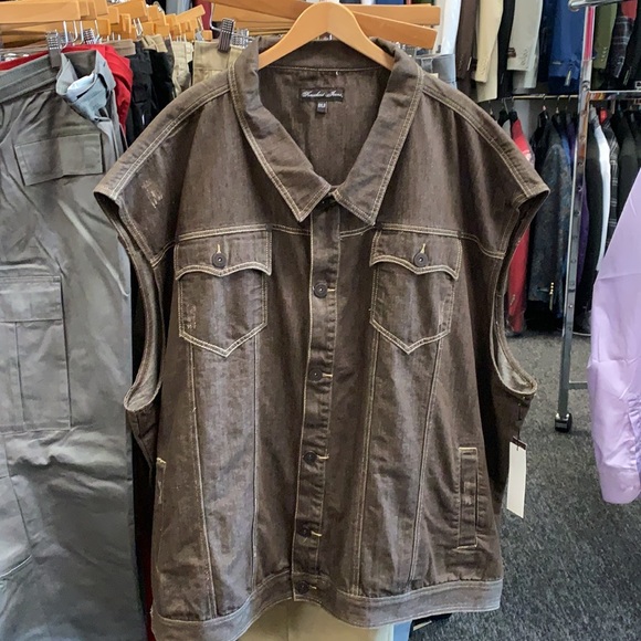 Big and tall DENIM JEAN VEST in  brown khaki tan. - Picture 2 of 3